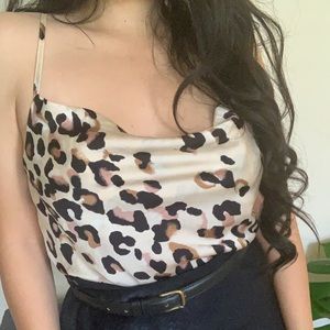 Cowl neck top, spaghetti straps leopard print.